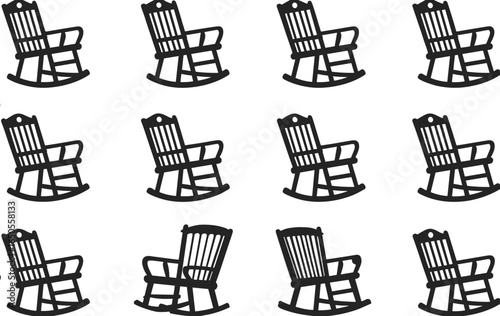 Set of vintage wooden rocking chair icons, black silhouette, classic furniture design, traditional seating, vector illustration, front and side view