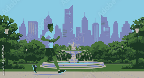 Vector graphic of a fit man running in a stylized city park with a modern skyline, illustrating an active urban lifestyle and wellness
