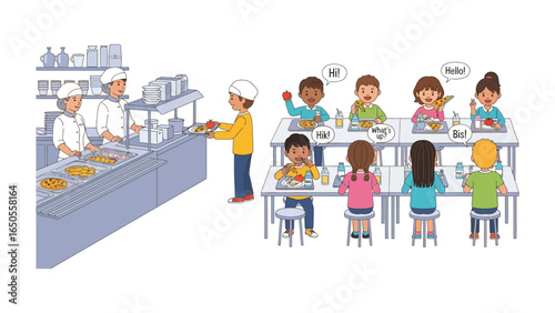 School Cafeteria Scene: A vibrant and inviting illustration capturing the lively atmosphere of a school cafeteria.