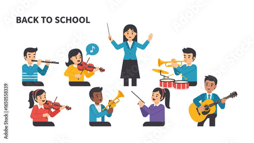 Musical Education: A cartoon depiction of a school music ensemble, each member engrossed in playing a variety of instruments with the instructor conducting.