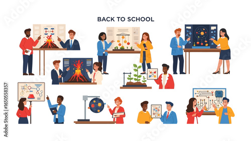 Back to School Illustration: A vibrant collection of students and teachers engaging in diverse science projects, creating a dynamic educational atmosphere.