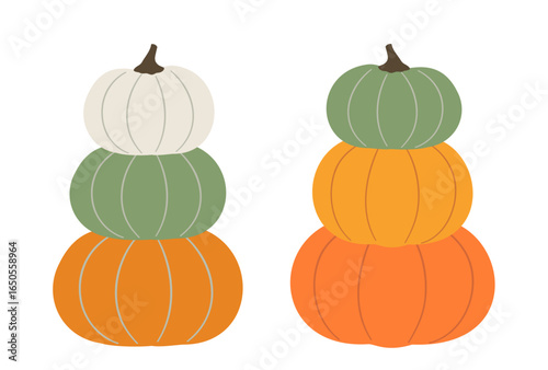 Hand drawn Autumn harvest pumpkin flat stock vector illustration.
Set of Fall  Three-layer orange, green and white pumpkins element.
Farm fresh pumpkin.
White background.
