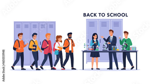 Back to School: A vibrant illustration captures the return to school with students excited to learn, with teacher guidance, showcasing scientific exploration in a dynamic and inclusive scene.