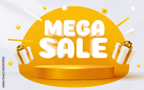 Mega sale banner. Colorful discount sale podium banner with present boxes. Vector illustration