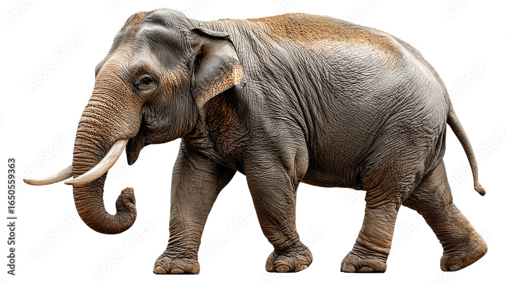 Fototapeta premium Majestic Elephant: The image encapsulates the majestic presence of a large elephant, its wrinkled hide and impressive tusks. Captured in stunning detail, the creature strides forward.