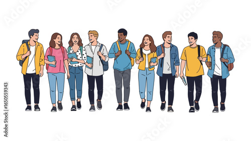 United Students on Campus: A diverse group of college students strolls across campus, embodying the spirit of learning, social connection, and the journey towards higher education.