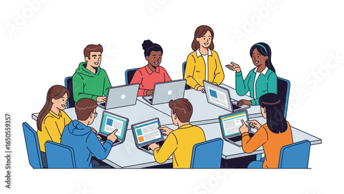 Brainstorming Session: A diverse group of individuals huddle around a table, their laptops illuminating their faces as they collaborate and share ideas in a vibrant and engaging illustration.