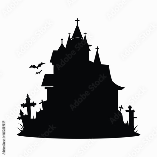 A dark castle silhouette with towers and a cathedral against a stunning sunset sky is the perfect medieval fantasy illustration for your next project