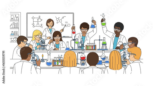 Chemistry Laboratory Exploration: In a vibrant chemistry lab, scientists are deeply immersed in their experiments and discoveries.