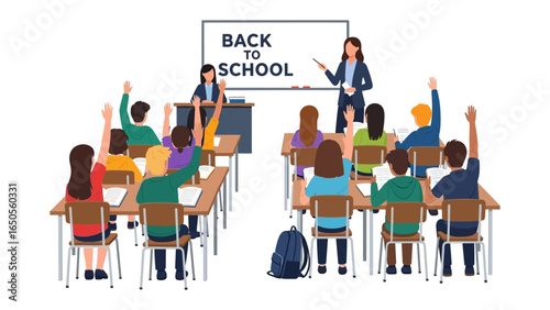 Back to School Classroom: A captivating illustration showcases a vibrant classroom scene, students attentively raising their hands, ready to engage.