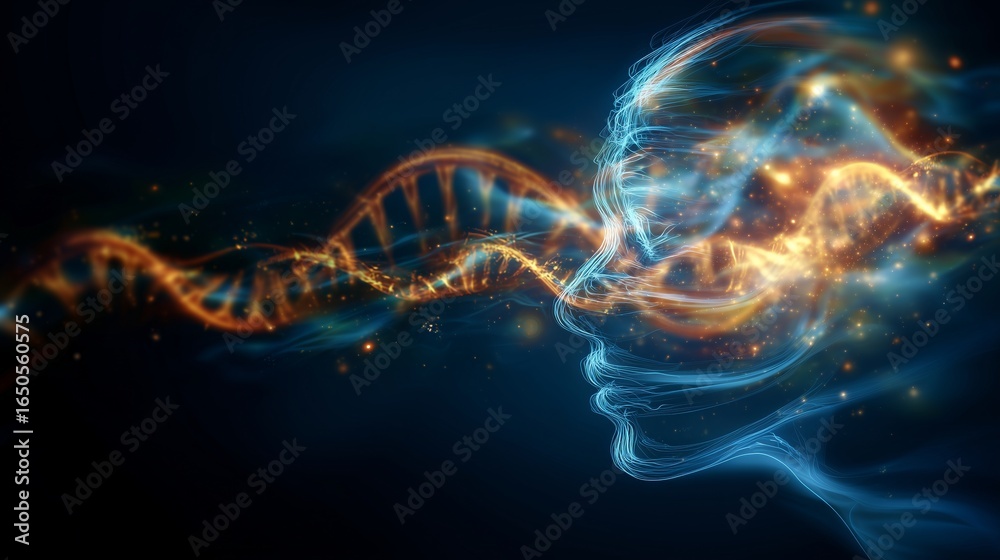 Obraz premium A dynamic, ethereal silhouette of a human shadow, abstract biological patterns, glowing DNA strands, professional digital art
