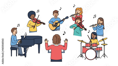 Harmony in Ensemble: A vibrant illustration captures the joy of music as a diverse ensemble of musicians plays together, conducted by a dedicated leader, bringing melodies to life.