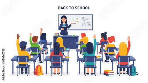 Classroom of Knowledge: A teacher leads a vibrant lesson in a school classroom, with eager students raising their hands to answer. The scene encapsulates education, enthusiasm.