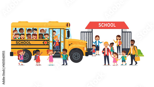 School Bus Day: A vibrant cartoon illustration of children eagerly boarding a yellow school bus, with teachers and kids at the school gate, representing the beginning of an educational journey