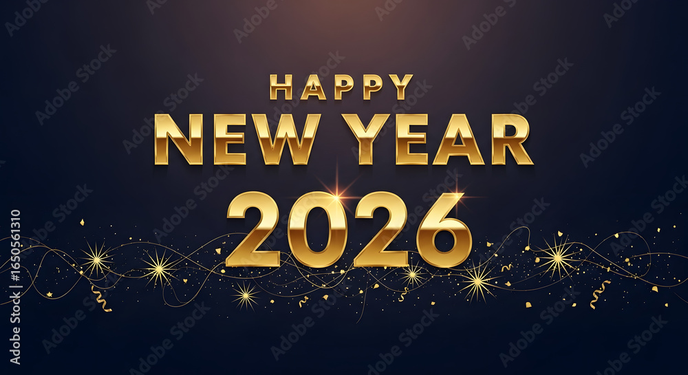 Fototapeta premium Happy New Year 2026 Golden Text with Sparkling Particles on a Dark Background.