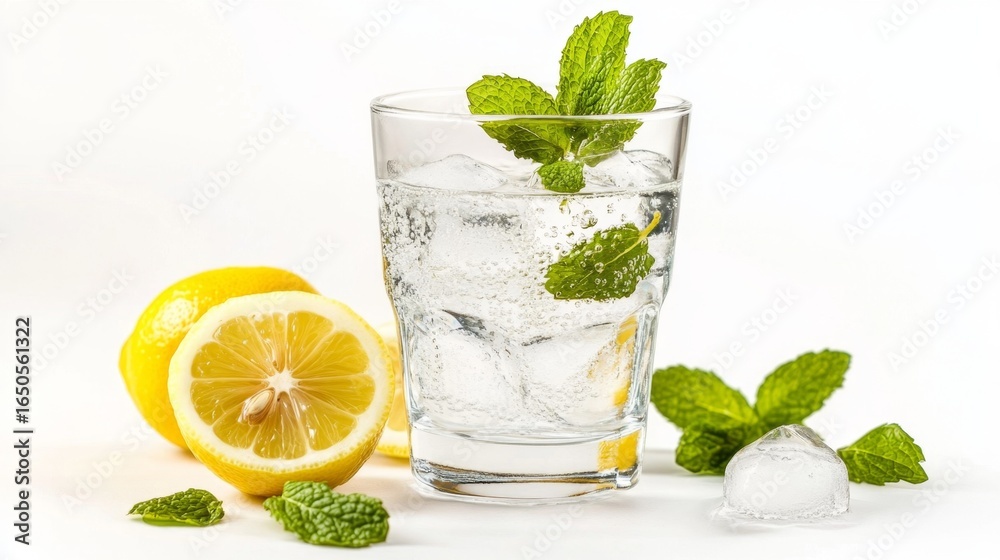 Fototapeta premium Refreshing iced water with mint leaves kitchen table beverage bright environment top-down view hydration concept
