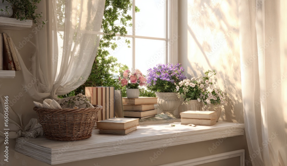 Fototapeta premium Bright cozy windowsill with potted plants and blooming flowers illuminated by natural sunlight in a charming home interior