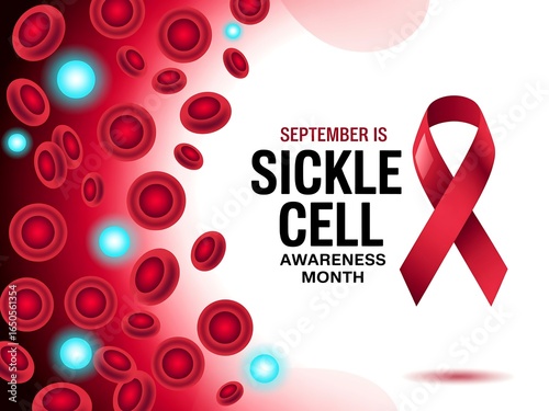 September is sickle cell awareness month highlighting red blood cells and a red ribbon for support