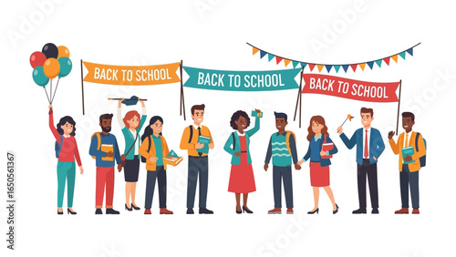 Fotografía School's Grand Re-opening: A gathering of excited students and staff herald the start of a new academic year, captured in a vibrant illustration