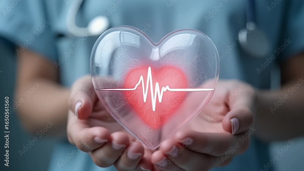 Doctor holding heart with pulse line symbolizing cardiovascular health and wellness