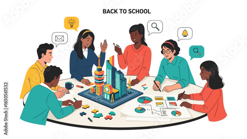 Back to School: A group of diverse students gathers around a table with a miniature building model and other items to foster imagination in a lighthearted, creative learning environment.