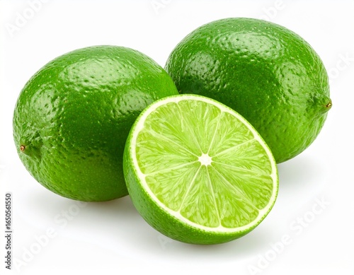 Fresh limes, whole and sliced, showcasing their bright color and refreshing texture ideal for food photography, healthy eating campaigns,or cocktail concepts.A collection of ripe limes, cutting, slice