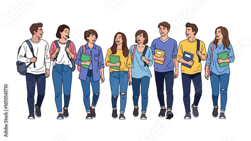 Students Walking Together: A diverse group of students walks together with books and backpacks, symbolizing the spirit of education, knowledge, and friendship. Perfect for educational themes.