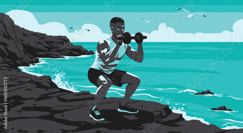 Vibrant illustration of a man's outdoor fitness journey, executing a challenging lunge workout within a richly textured, earthy forest landscape