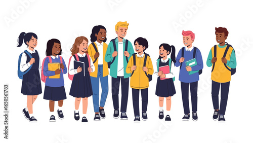 School Journey: A vibrant gathering of diverse students, backpacks on backs, ready for the day's adventures and learning experience.