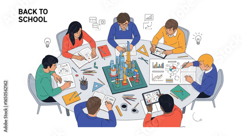 Brainstorming Session: A circle of diverse students are meticulously working together around a table strewn with papers, gadgets, and inspiring symbols representing collaboration and innovation.