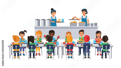 Lunchtime Harmony: Illustrative scene of students in vibrant uniforms sharing a meal in a school cafeteria with smiling servers serving healthy food, fosters a sense of community and well-being.