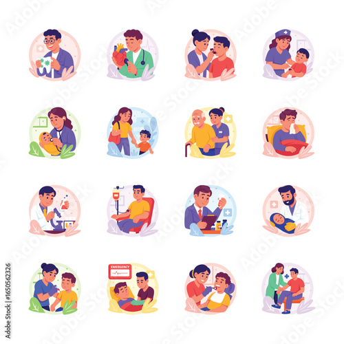 A collection of vibrant illustrations, each depicting a unique healthcare scenario.