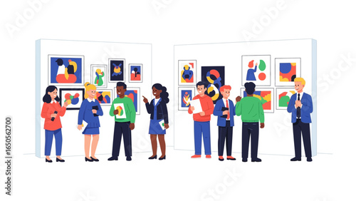 Art Gallery Gathering: An animated illustration depicting people immersed in an art gallery, contemplating and enjoying various art pieces displayed on the walls.