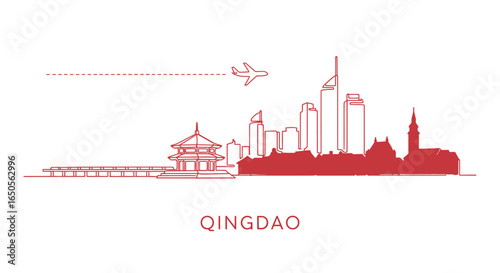 Qingdao China Skyline with Plane Travel.