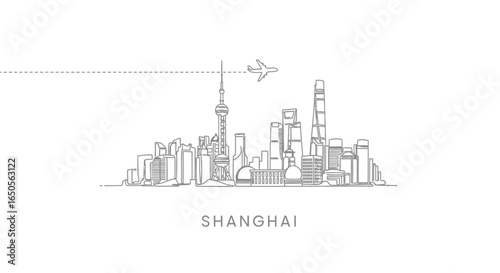 Shanghai Skyline with Airplane, Cityscape, and Minimalist.