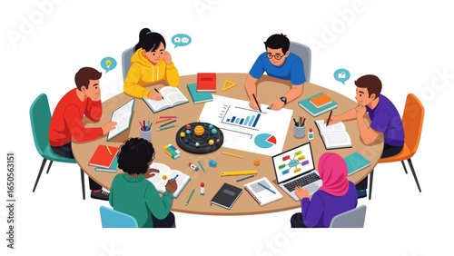 Brainstorming Circle: A diverse group of people gathers around a round table, deeply engrossed in collaborative work, illuminated by the soft glow of a sunlit room