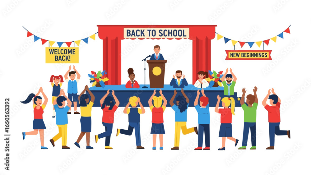 Obraz premium Back to School Welcome: Illustration of a cheerful school scene, where students and teachers eagerly prepare for new beginnings in the colorful environment. 