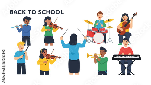 Harmony in the Classroom: A vibrant assembly of young musicians, their instruments resonating with youthful energy, join together for a back-to-school concert, conducted by an experienced instructor.