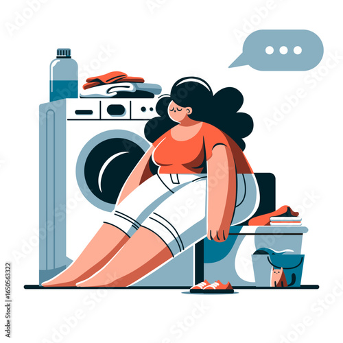 Tired woman sitting near washing machine. Vector illustration in flat style.