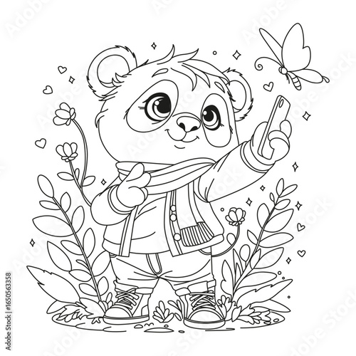 Cute panda takes a selfie on the phone. Coloring for children and adults. Illustration for coloring.