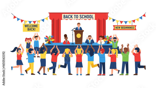 Back to School Welcome: Illustration of a cheerful school scene, where students and teachers eagerly prepare for new beginnings in the colorful environment. 
