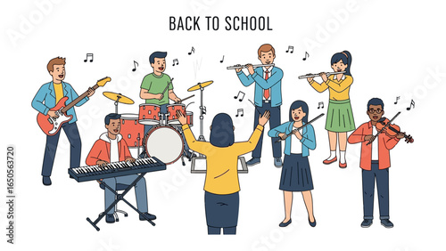 Back to School Band Performance: A harmonious group of students joyfully performs a symphony during the back-to-school season, accompanied by an inspirational teacher.