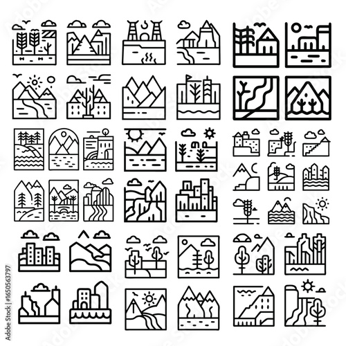 Landscapes line icon set. Vector pictograms of natural and urban scenery, mountain, beach, forest, desert, waterfall, cityscape, canyon