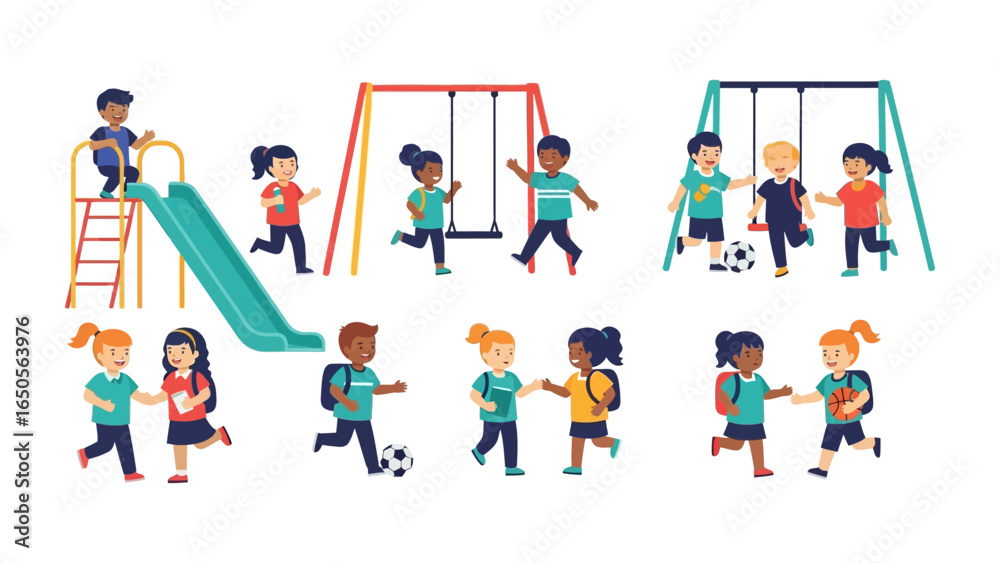 Fototapeta premium Playground Adventure: Lively children embrace the spirit of play, running, and interacting with playground equipment. The illustration reflects pure joy.