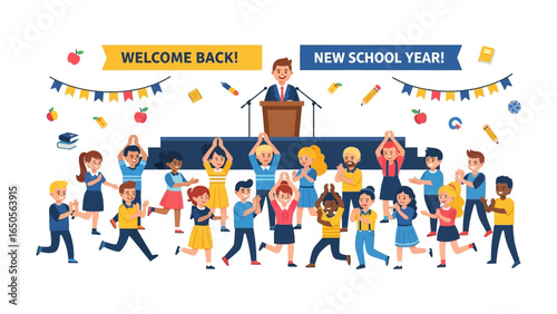 School's Back with Welcoming Celebration: A vibrant scene, full of energy, where excited school children joyfully welcome the new school year.