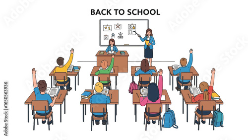 Back to School Classroom: Students engaging in the classroom, with a teacher. A dynamic visual, celebrating the start of the academic year, and the world of learning.