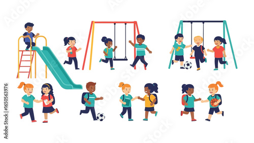 Playground Adventure: Lively children embrace the spirit of play, running, and interacting with playground equipment. The illustration reflects pure joy.