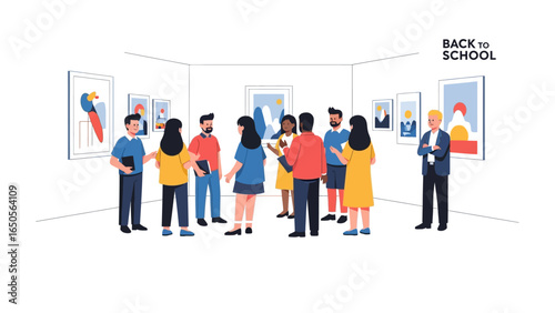 Art Exhibition Attendees: A diverse group of individuals gathers, engrossed in the visual artistry of a vibrant art gallery, studying the displayed artwork.