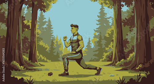 Athletic man performing a lunge exercise outdoors in a sunny woodland, depicted in a unique retro video game pixel art style illustration