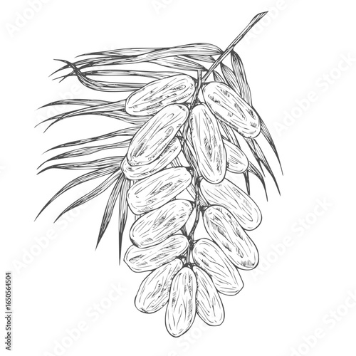 Hand drawn date leaves, fresh and dried fruits, branch, palm sketches set. Detailed illustration of dates fruit